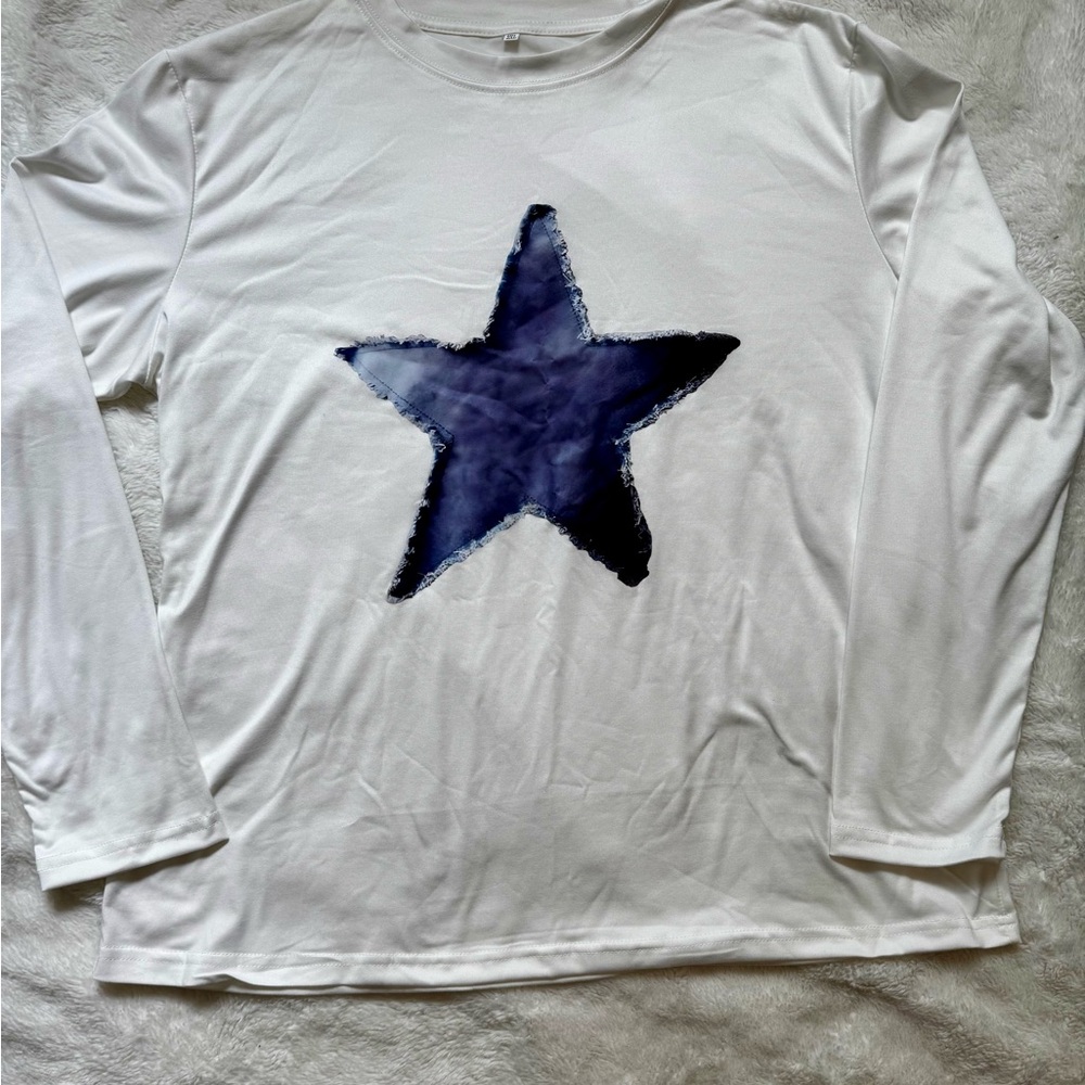 White Long Sleeve Shirt with Blue Star